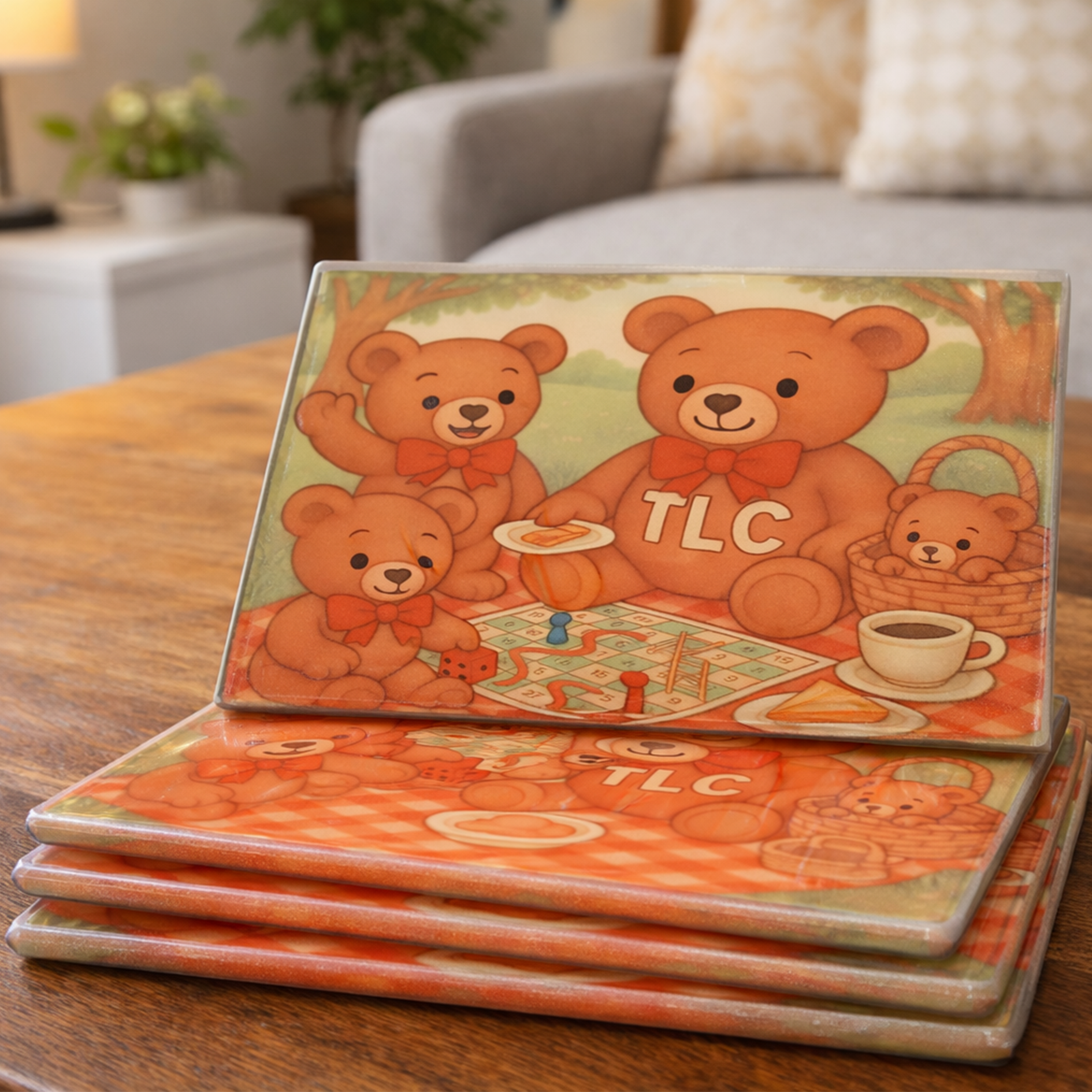 Stack of TLC Essex glass coasters showing teddy bears at a picnic