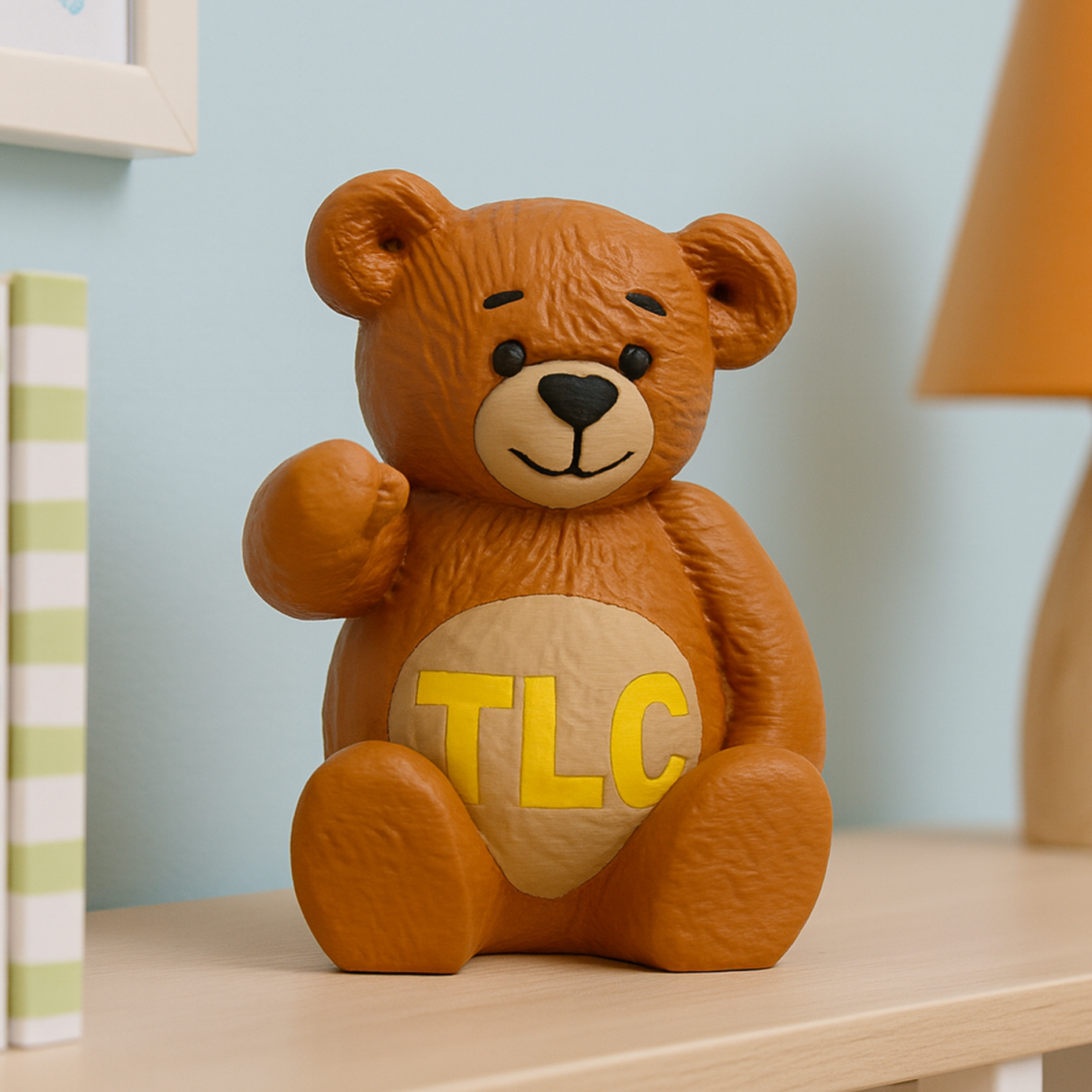 TLC Essex teddy bear money box with the TLC logo on its tummy